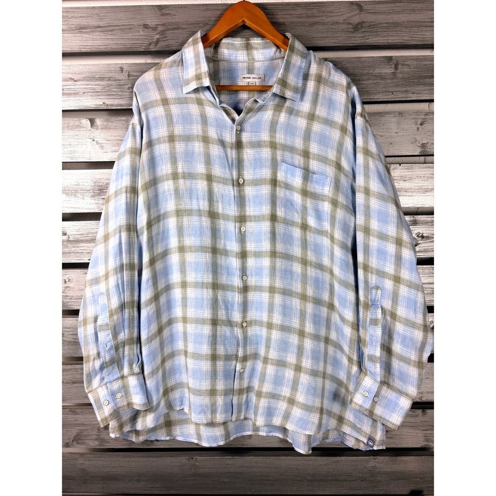 Peter Millar Mens XXL 100% Linen Blue Plaid Button Down Shirt Long Sleeve